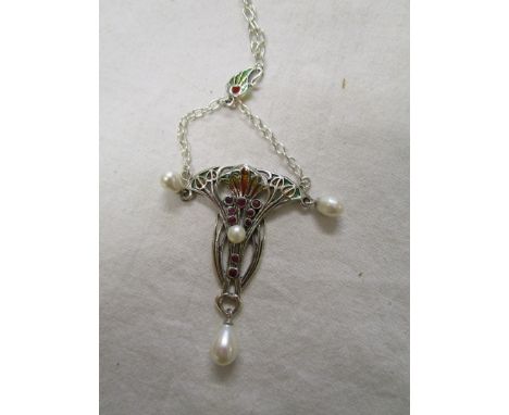 Silver &amp; champlevé enamel stone set pendant on chain