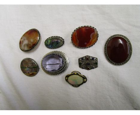 7 Silver stone brooches &amp; 1 pinchbeck mother-of-pearl
