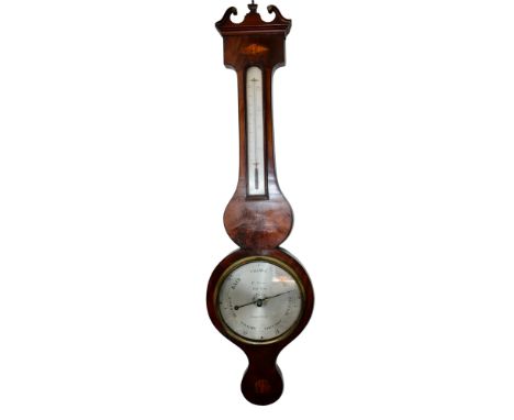 A GEORGE III INLAID MAHOGANY MERCURY WHEEL BAROMETER, the decorated circular silvered register signed C. Aiano, North Gate, C