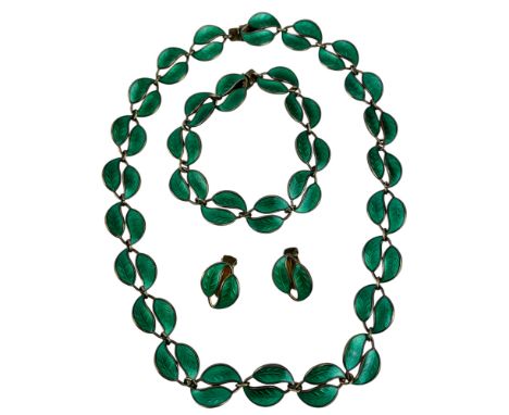 David Anderson - silver and enamel necklace, bracelet and pair of ear clips, designed as a series of green enamel leaf motifs