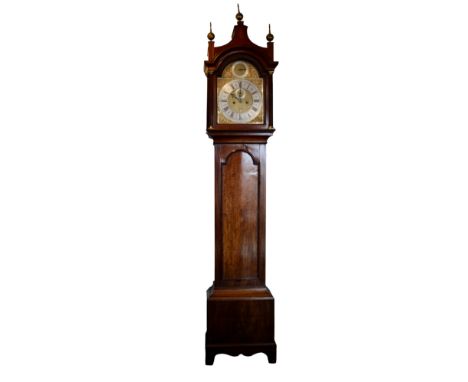 A GEORGE III MAHOGANY LONGCASE CLOCK, the brass eight day movement, with a 12 inch brass dial, the silvered chapter ring with