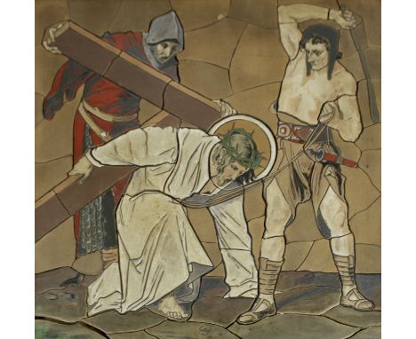An early 20th Century Joost Thooft & Labouchere ceramic wall plaque depicting Christ carrying a Cross, contained within an oa