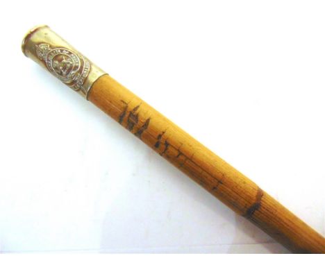 MILITARIA - A ROYAL BERKSHIRE REGIMENT BAMBOO SWAGGER STICK  with a pressed metal alloy terminal, 56.5cm long.