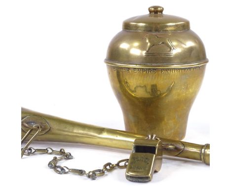 A Vintage brass railway horn, and matching brass whistle on chain, inscribed SB &CR (Surrey Border & Camberley Railway), and 