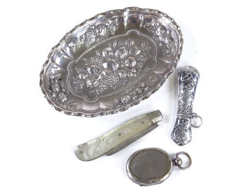 Various silver, including pin dish, mother-of-pearl handled fruit knife, needle case etcLot sold as seen unless specific item