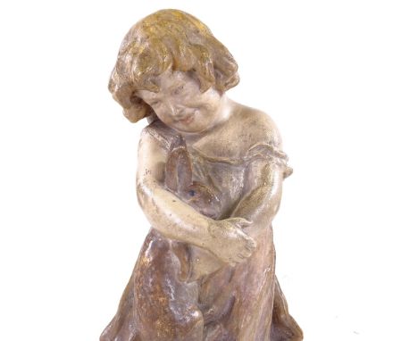 GOLDSCHEIDER - pottery bust of a child holding a rabbit, signed E Tell, height 37cmPaintwork lightly rubbed, no chips cracks 