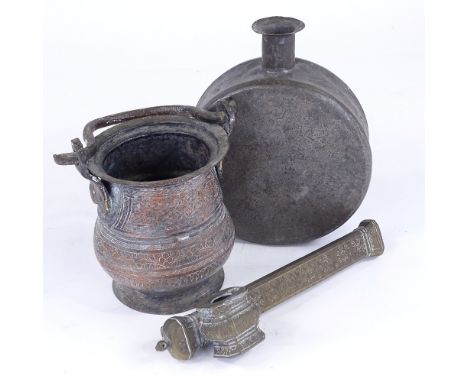 A Chinese bronze scribe's case, an Islamic metal pot with swing handle, and a 19th century metal pilgrim flask (3) 