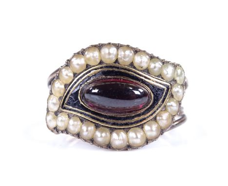 A 19th century unmarked rose gold high cabochon garnet, split pearl and black enamel mourning ring, back inscribed "Thomas Sh