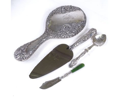 Various silver, including dressing table hand mirror, greenstone-handled butter knife etc (4)Lot sold as seen unless specific