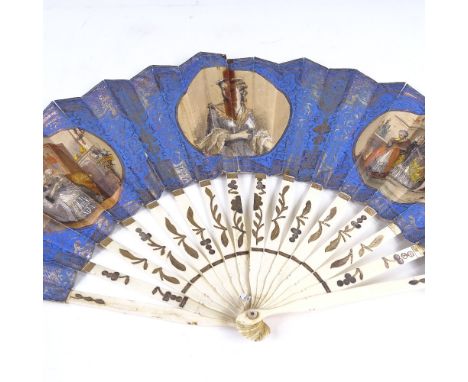 A rare 19th century French bone fan, with spring-activated concealed vinaigrette in one guard stick, and printed screen, leng