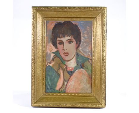 Henri Malencon (1876 - 1960), oil on paper, portrait of a woman, signed, 19" x 12.5", framedGood condition 