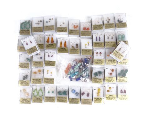 76 pairs of gem stone set earrings, with 9ct gold fittings, gem stones include jade, agate, garnet, carnelian, amber etc, mos