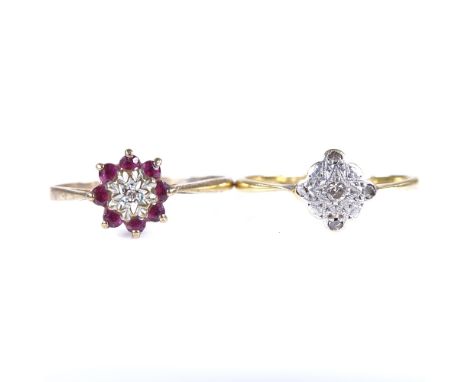 An early 20th century 18ct gold diamond panel ring, size P, 1.6g, and a 9ct gold ruby and diamond cluster flowerhead ring, si