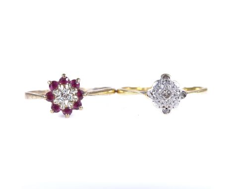 An early 20th century 18ct gold diamond panel ring, size P, 1.6g, and a 9ct gold ruby and diamond cluster flowerhead ring, si