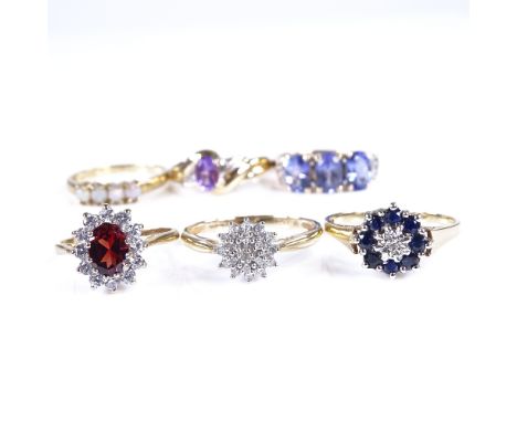 6 9ct gold stone set rings, stones include opal sapphire diamond and amethyst, sizes J, N x 2, O and P x 2, 11.7g total (6)Al