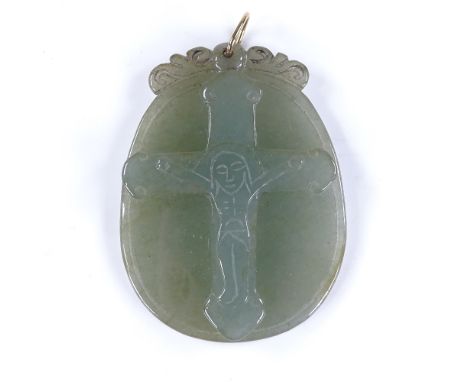 A relief carved jade crucifix pendant, pendant height 42.9mm, 12.8gGood original condition, no damage or repairs, slightly ru