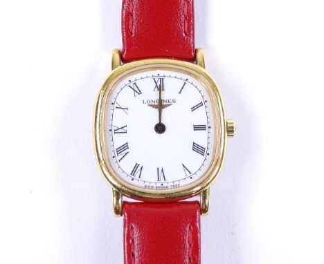 LONGINES - a lady's gold plated stainless steel Les Grandes Classiques quartz wristwatch, ref. 7423, white ceramic dial with 