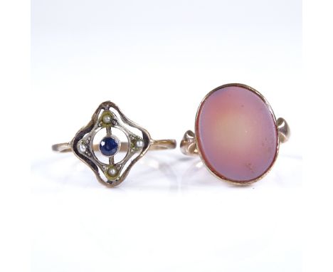 An unmarked gold sardonyx panel seal ring, size J, 2.7g, and a 9ct gold sapphire and split pearl ring, size R, 1.9g (2)Both i