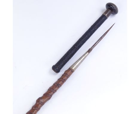 A 19th century rootwood spear walking stick, with woven screw handle and horn end