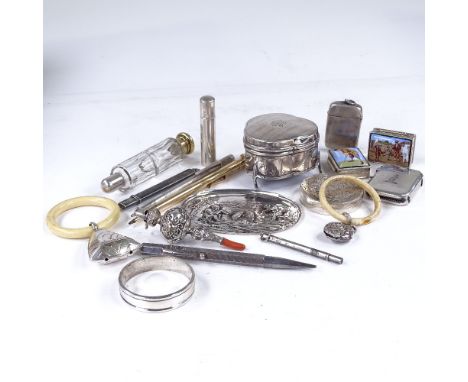 Various silver, including dressing table jewel box, Vesta cases, baby rattles, propelling pencils, pillboxes, double-ended pe