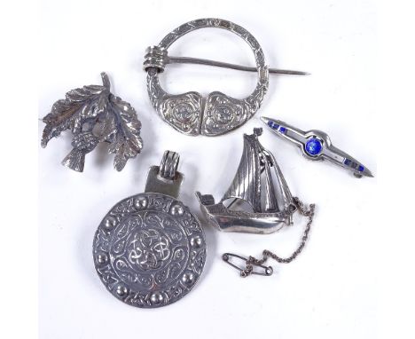 Various silver Celtic jewellery, including Charles Horner enamel brooch, thistle brooch etcGood overall condition, some chips