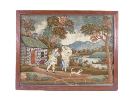 A needlework and crewel work panel pole screen, late 18th/early 19th century, depicting figures outside a country cottage, on