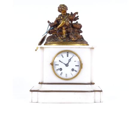 A French white marble 8-day mantel clock, by Rollin of Paris, surmounted by gilt-bronze figure feeding ducks, white enamel di