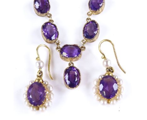 A 9ct gold oval-cut amethyst drop necklace, and a pair of 9ct gold amethyst and pearl drop earrings, necklace length 44cm, ea