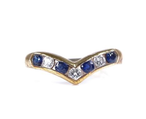 A modern 9ct gold sapphire and diamond wishbone ring, setting height 6mm, size K, 1.6gVery good original condition, all stone