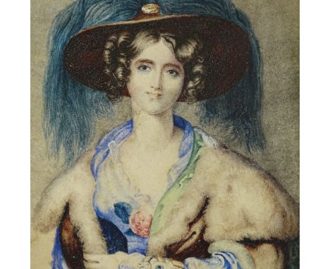 Mid-19th century miniature watercolour on paper, portrait of a woman, unsigned, 4" x 3", framedGood condition 