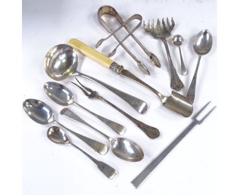 Various English and American silver flatware, including ivory-handled Stilton scoop, sauce ladle, sugar tongs, salt spoon etc