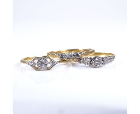 3 mid-20th century 18ct gold diamond dress rings, sizes O x 2, and R, 6.6g (3)All in good original condition, all stones pres