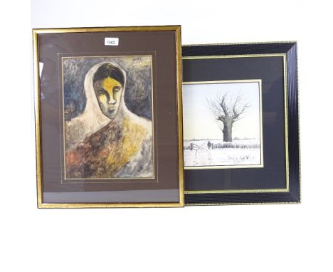 Laine Singh Bangdel (Nepal artist), watercolour, portrait of a woman, signed and dated 1955, 14" x 10", framed, together with
