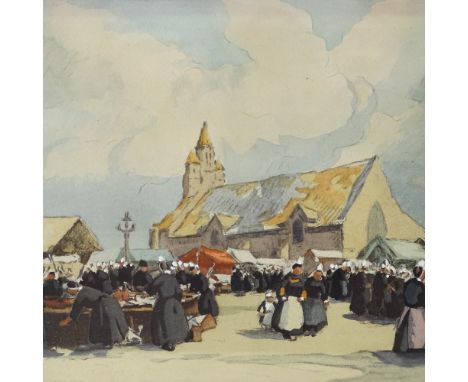 H Barnoin, hand coloured lithograph, Continental market scene, 8.5" x 11", framedLight paper mark in bottom right-hand corner