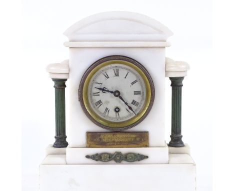 An early 20th century French white marble architectural mantel clock, verdigris column supports with steel dial and Roman num