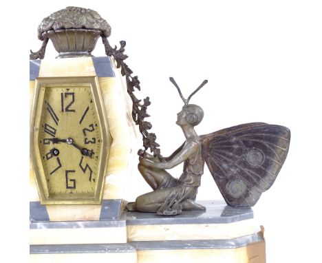 A large French Art Deco grey marble and alabaster 8-day mantel clock, pewter pixie and floral mounts, signed P Seca, movement