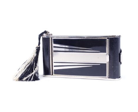 An Art Deco chrome plate and black enamel combination compact/cigarette case, in the form of a folding camera, length 10cm, (