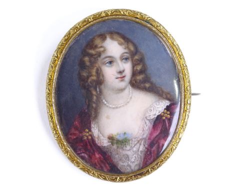 A Georgian double-sided miniature painted portrait panel brooch/pendant, in unmarked yellow metal frame, overall height 62.8m