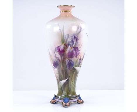 A Hadley's Worcester porcelain vase, hand painted irises and dragonflies, 1900 - 1902, height 24cmPerfect condition, no resto