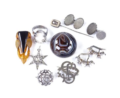 Various jewellery, including memorial stickpin, banded agate brooch, silver cufflinks etcLot sold as seen unless specific ite