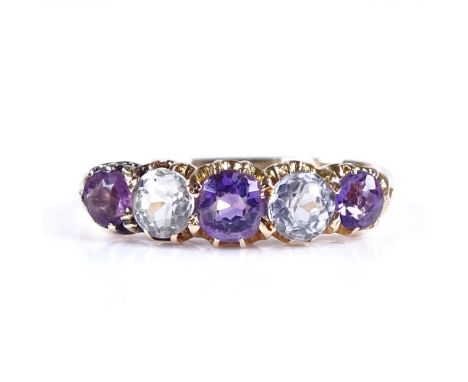 A late 19th century unmarked rose gold 5-stone amethyst and white sapphire half hoop ring, setting height 5.2mm, size K/L, 3.