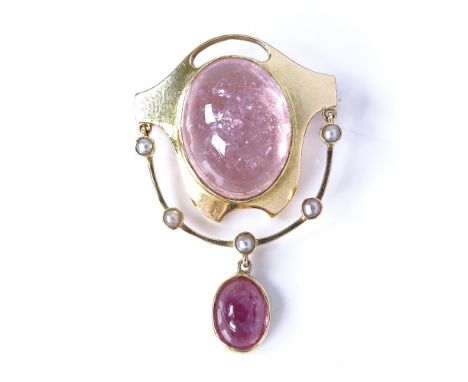 An Art Nouveau Murrle Bennett 15ct gold cabochon rose quartz and split pearl pendant/brooch, stylised swing drop, maker's mar