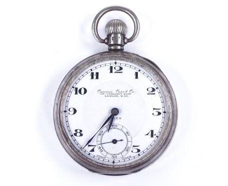 ROLEX - a 1920s silver-cased open-face top-wind pocket watch, retailed by Camerer, Cuss & Co of Uxbridge Road, London, white 