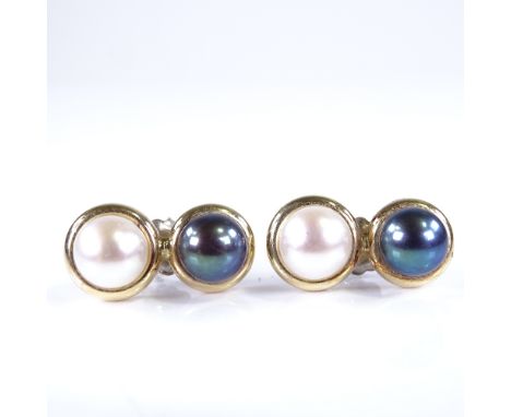 A pair of handmade 14ct gold black and white pearl Toi Et Moi earrings, earring length 21.5mm, 4gBoth in very good original c