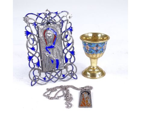 Various silver, including silver-gilt enamel egg cup, sterling enamel religious plaque etcLot sold as seen unless specific it