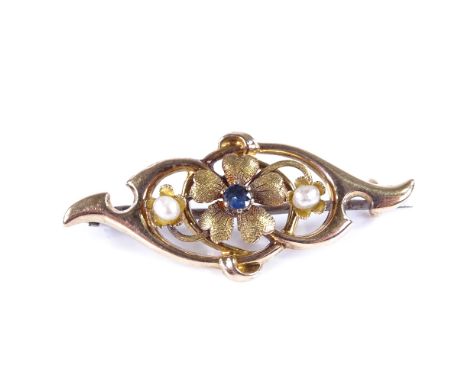 An early 20th century 15ct rose gold 3-stone sapphire and pearl floral brooch, hallmarks Chester 1911, brooch length 38.6mm, 