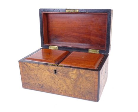 A Georgian burr-walnut and tulipwood banded tea caddy, with inner lids, width 23cm, (BBC Antiques Road Trip) 