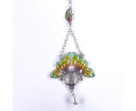 A modern sterling silver plique-a-jour enamel pearl moonstone and ruby butterfly lavaliere pendant necklace, necklace length 