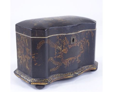 A Victorian papier mache tea caddy, painted and gilded floral decoration, with serpentine front and inner lids, length 19cmPa