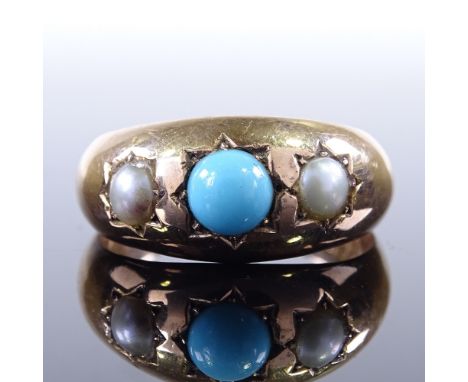 An early 20th century 9ct rose gold 3-stone cabochon turquoise? and split pearl gypsy ring, maker's marks AM, hallmarks Chest